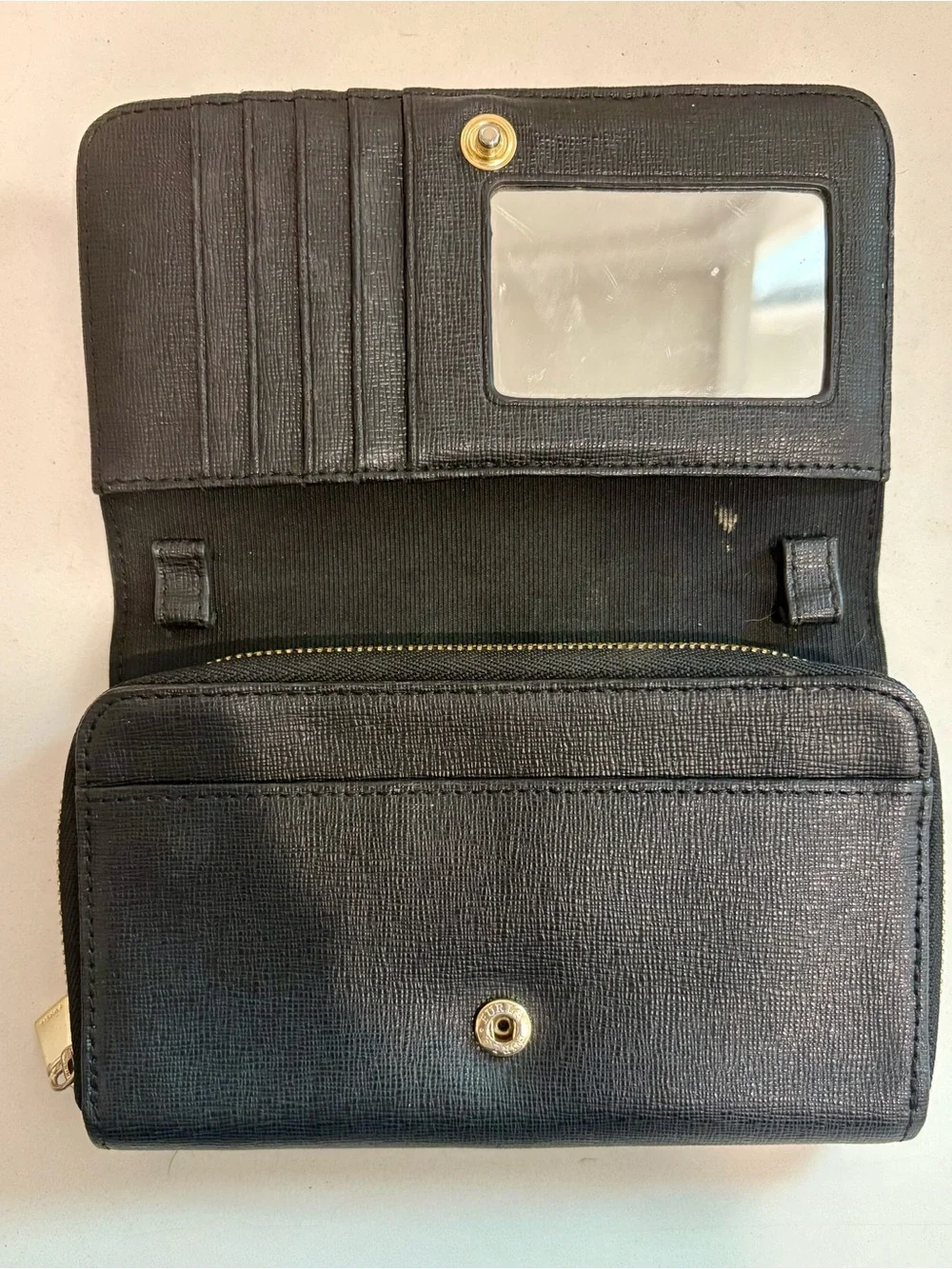 Furla Black Saffiano Leather Continental Wallet Gold Hardware